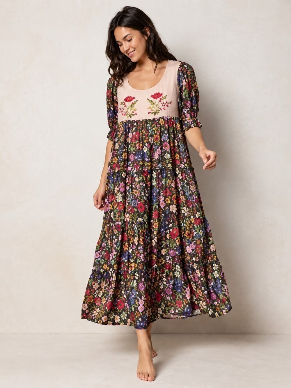 Natural Life Charlotte Gray Floral Tiered Midi Peasant Dress Large